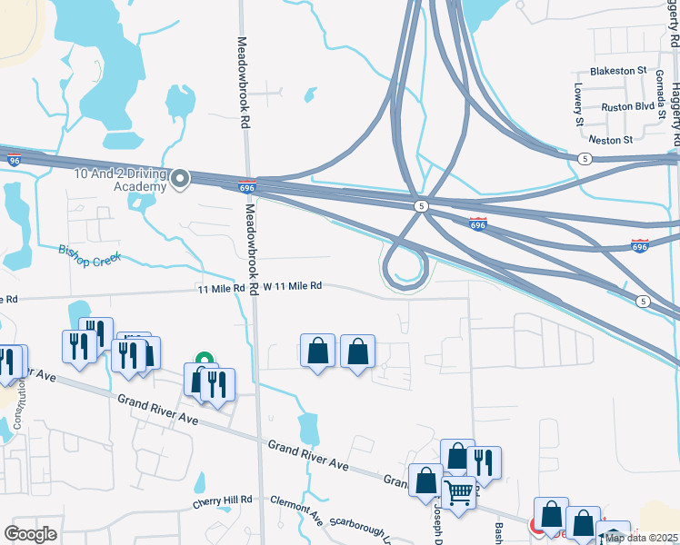 map of restaurants, bars, coffee shops, grocery stores, and more near 41050 West 11 Mile Road in Novi