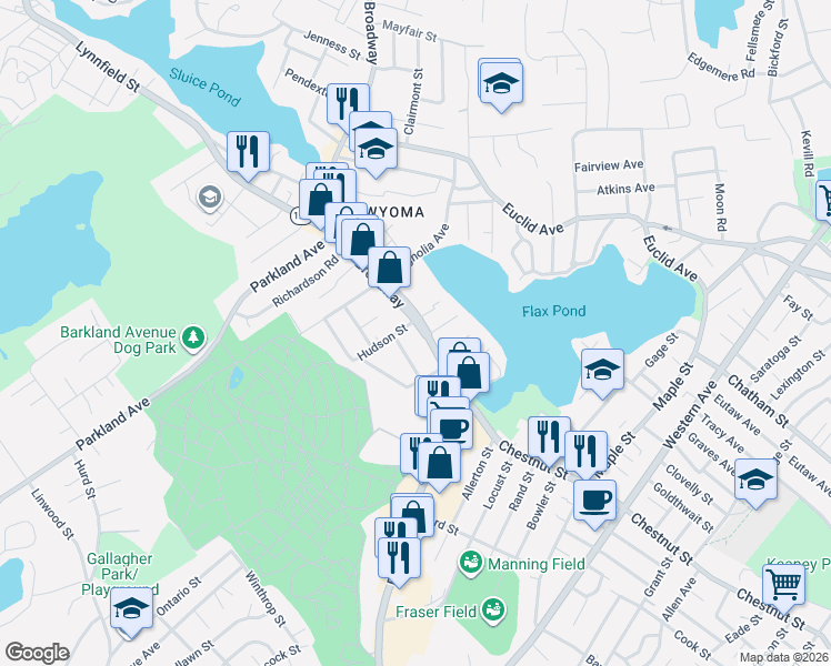 map of restaurants, bars, coffee shops, grocery stores, and more near 15 Boynton Street in Lynn