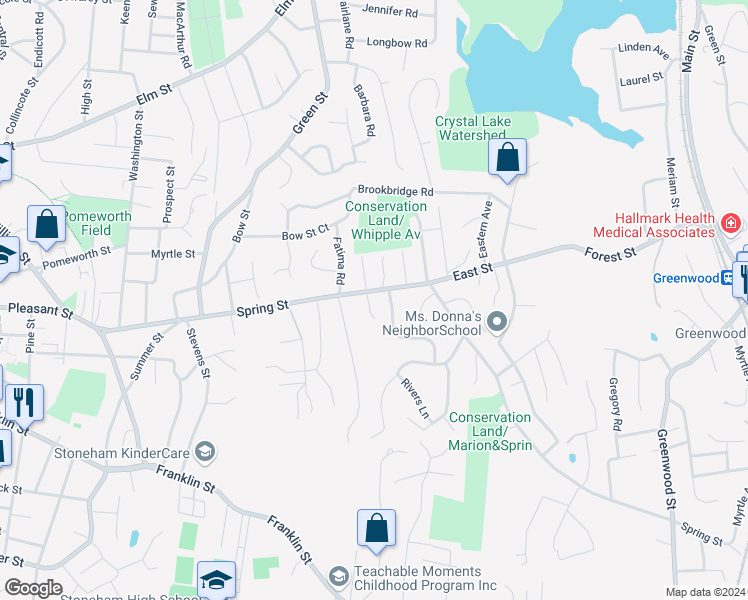 map of restaurants, bars, coffee shops, grocery stores, and more near 7 Cricklewood Drive in Stoneham