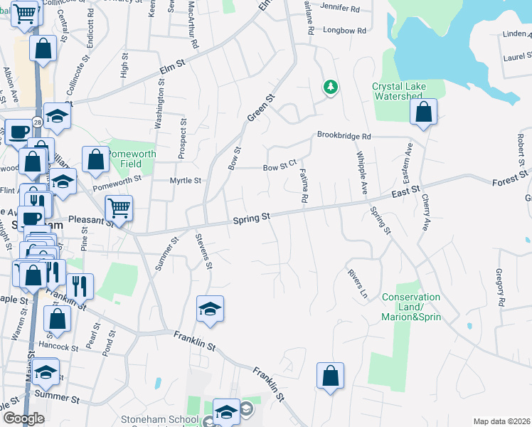 map of restaurants, bars, coffee shops, grocery stores, and more near 65 Spring Street in Stoneham