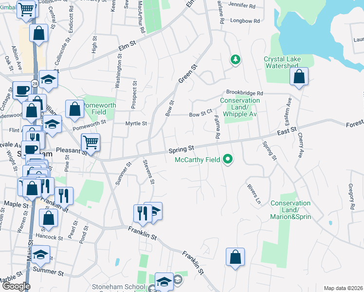 map of restaurants, bars, coffee shops, grocery stores, and more near 65 Spring Street in Stoneham