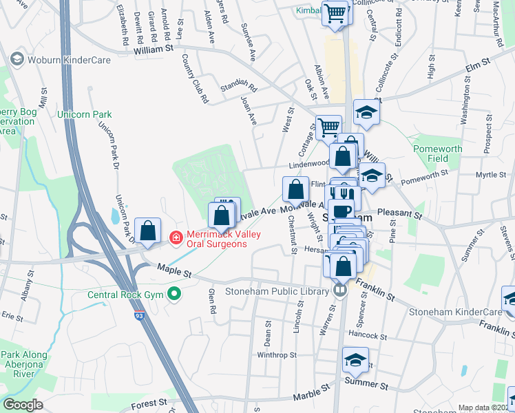 map of restaurants, bars, coffee shops, grocery stores, and more near 52 Montvale Avenue in Stoneham