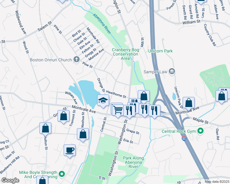 map of restaurants, bars, coffee shops, grocery stores, and more near 14 Hawthorne Street in Woburn