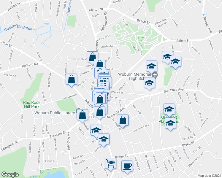 map of restaurants, bars, coffee shops, grocery stores, and more near 20 Union Street in Woburn