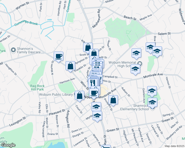 map of restaurants, bars, coffee shops, grocery stores, and more near 23 Park Street in Woburn