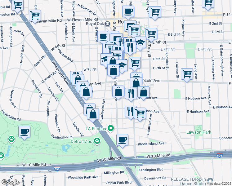 map of restaurants, bars, coffee shops, grocery stores, and more near in Royal Oak