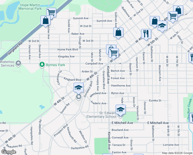 map of restaurants, bars, coffee shops, grocery stores, and more near 131 Prospect Boulevard in Waterloo