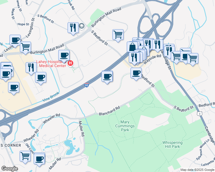 map of restaurants, bars, coffee shops, grocery stores, and more near 3 Van de Graaff Drive in Burlington