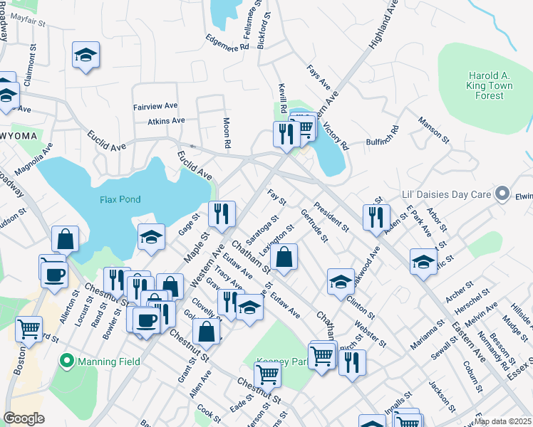 map of restaurants, bars, coffee shops, grocery stores, and more near 45 Saratoga Street in Lynn
