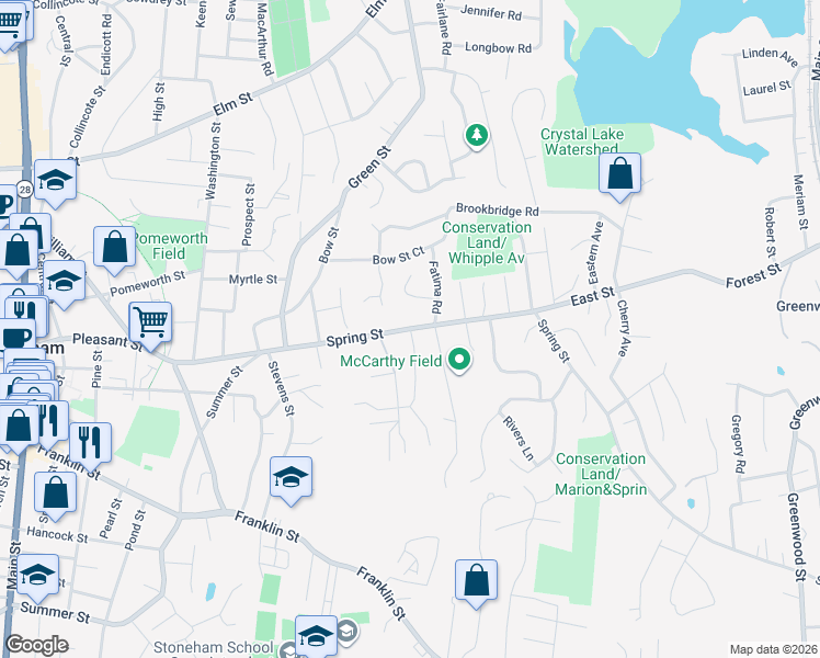 map of restaurants, bars, coffee shops, grocery stores, and more near Spring Street in Stoneham