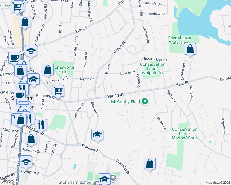 map of restaurants, bars, coffee shops, grocery stores, and more near 12 Thomas Circle in Stoneham