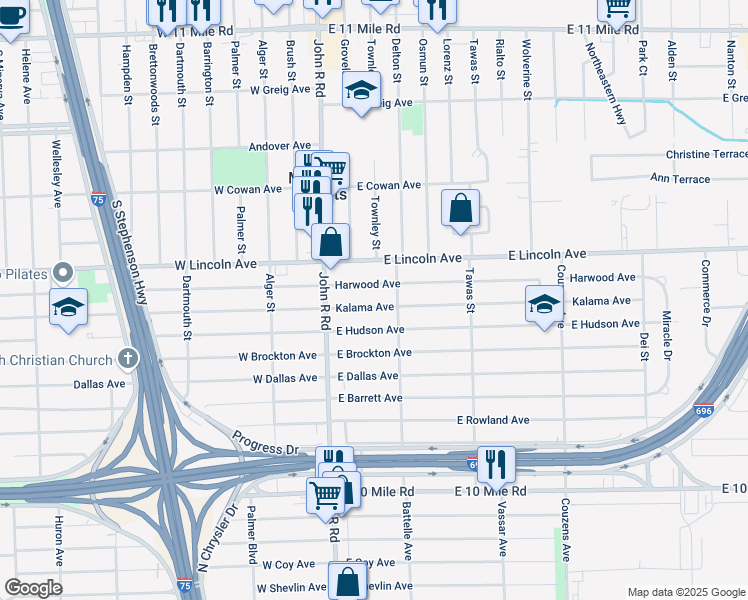 map of restaurants, bars, coffee shops, grocery stores, and more near 101 Harwood Avenue in Madison Heights