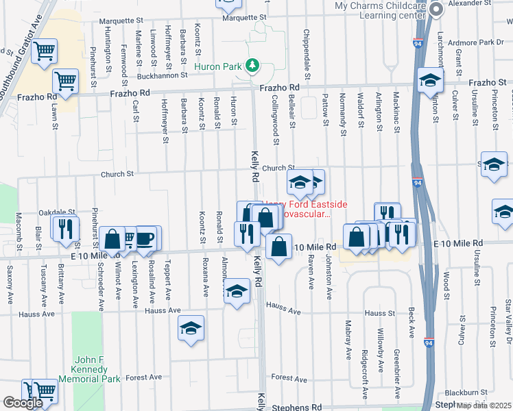 map of restaurants, bars, coffee shops, grocery stores, and more near 25279 Kelly Road in Roseville