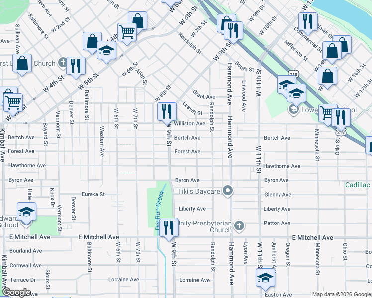 map of restaurants, bars, coffee shops, grocery stores, and more near 1136 Bertch Avenue in Waterloo