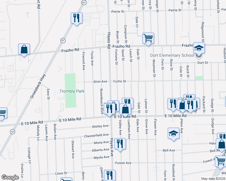 map of restaurants, bars, coffee shops, grocery stores, and more near 25297 Fortuna Street in Roseville