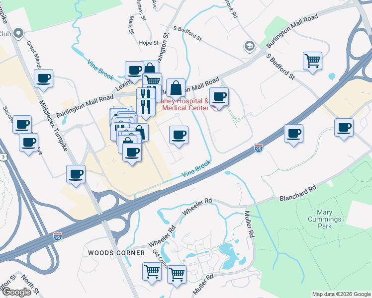 map of restaurants, bars, coffee shops, grocery stores, and more near 800 District Avenue in Burlington
