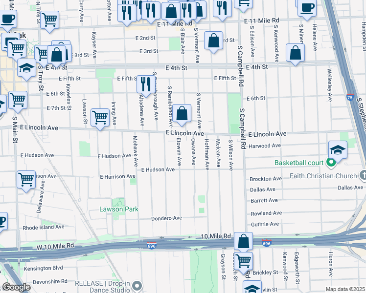 map of restaurants, bars, coffee shops, grocery stores, and more near 1220 East Lincoln Avenue in Royal Oak