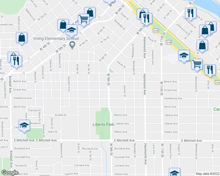map of restaurants, bars, coffee shops, grocery stores, and more near 1101 Forest Avenue in Waterloo