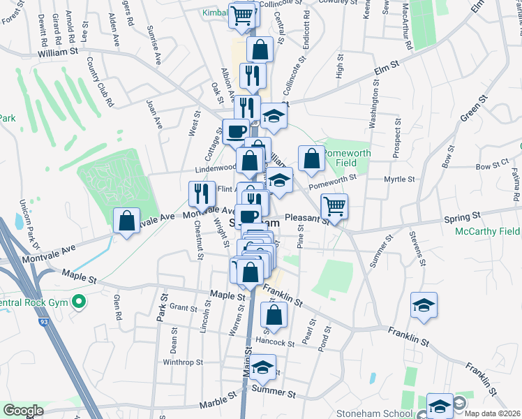 map of restaurants, bars, coffee shops, grocery stores, and more near 284 Main Street in Stoneham