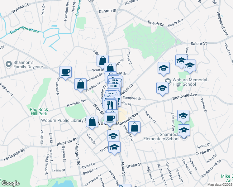 map of restaurants, bars, coffee shops, grocery stores, and more near 505 Main Street in Woburn