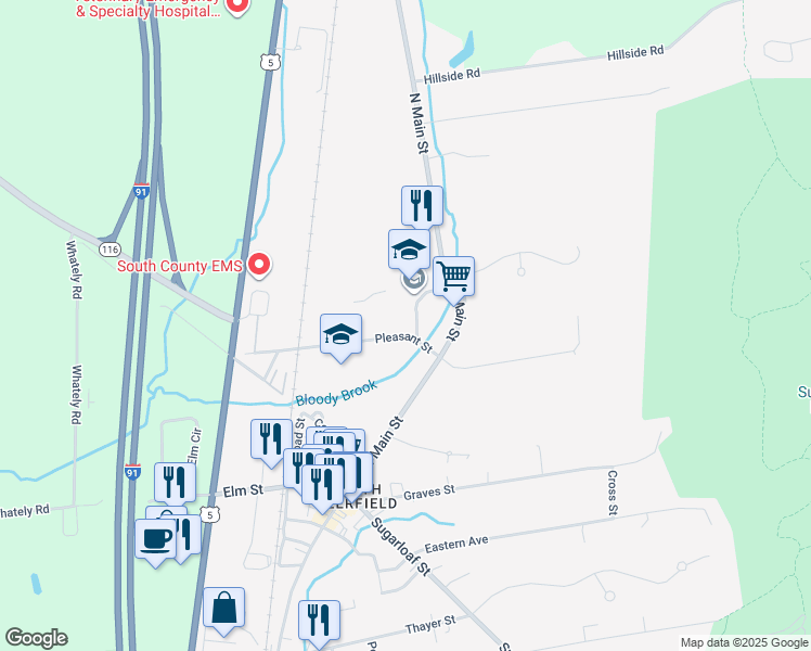 map of restaurants, bars, coffee shops, grocery stores, and more near 8 Pleasant St in Deerfield