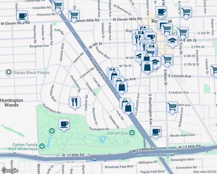 map of restaurants, bars, coffee shops, grocery stores, and more near None in Royal Oak