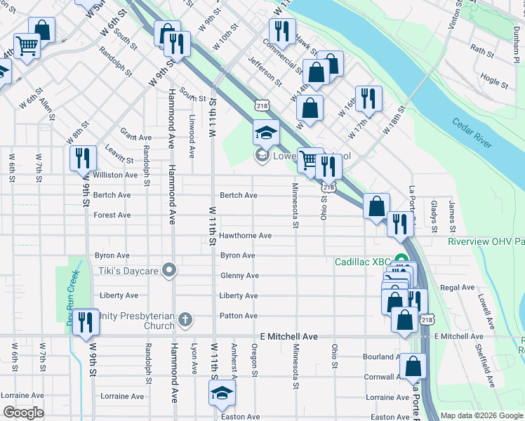 map of restaurants, bars, coffee shops, grocery stores, and more near 1601 Bertch Avenue in Waterloo