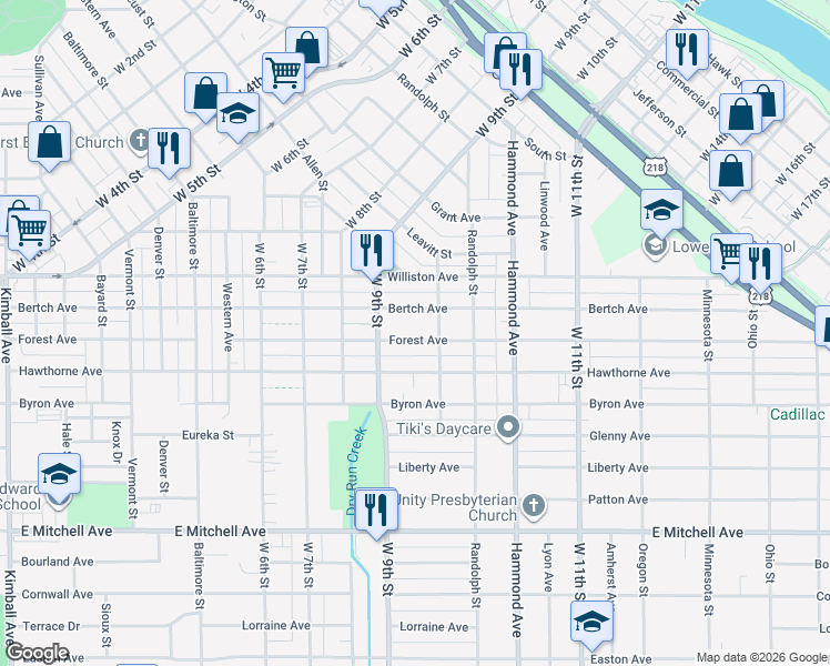 map of restaurants, bars, coffee shops, grocery stores, and more near 1136 Bertch Avenue in Waterloo