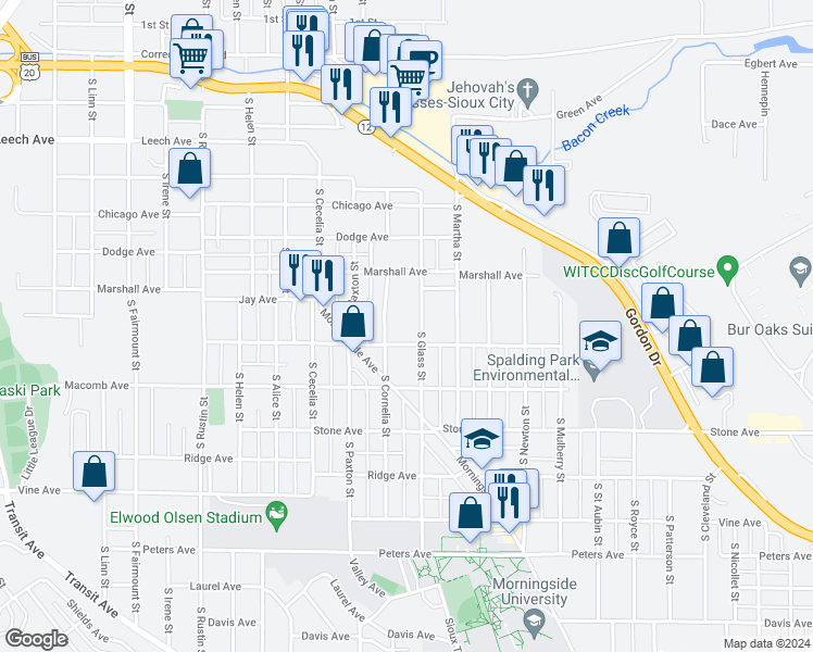 map of restaurants, bars, coffee shops, grocery stores, and more near 825 South Glass Street in Sioux City