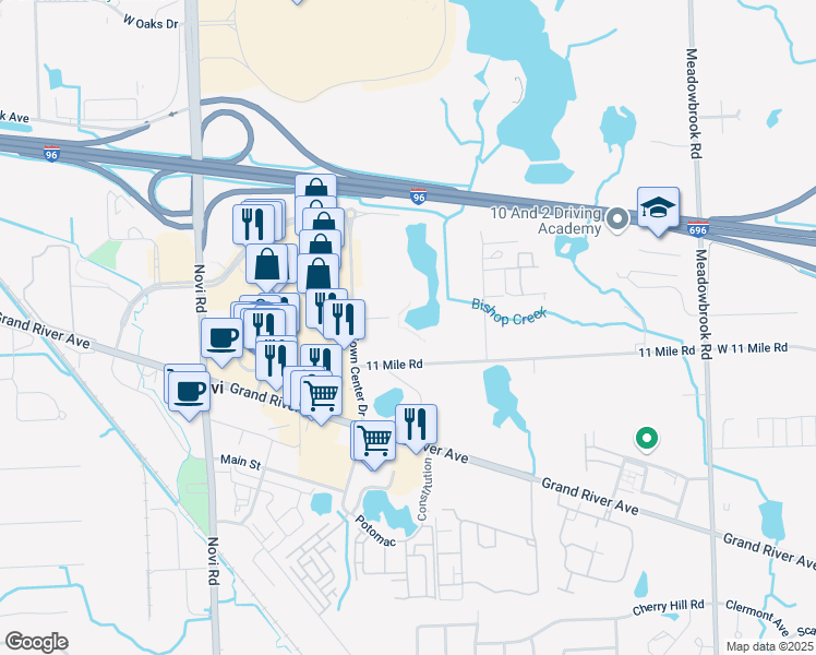 map of restaurants, bars, coffee shops, grocery stores, and more near 42700 West 11 Mile Road in Novi
