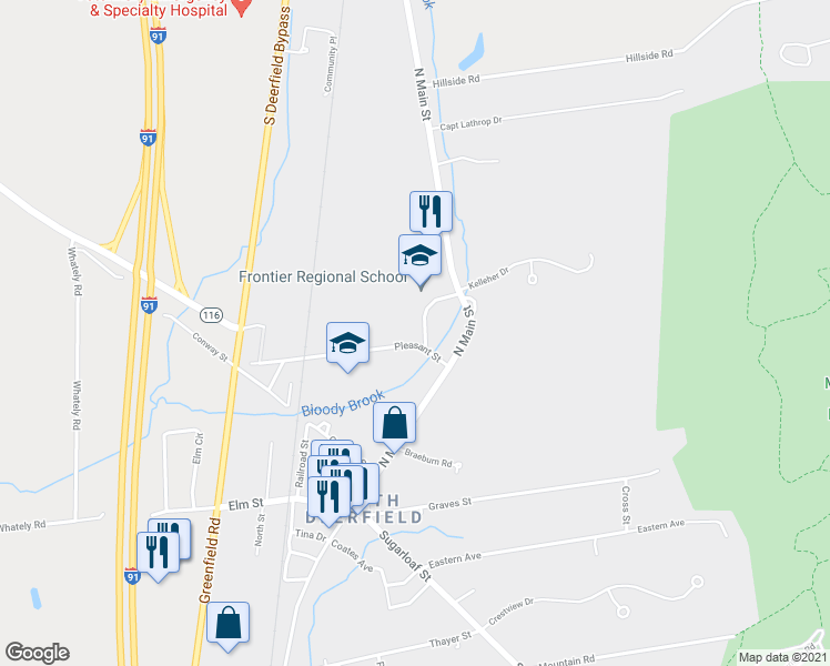 map of restaurants, bars, coffee shops, grocery stores, and more near 8 Pleasant St in Deerfield