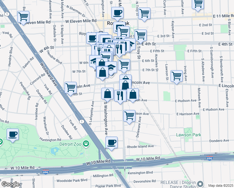 map of restaurants, bars, coffee shops, grocery stores, and more near 813 South Center Street in Royal Oak