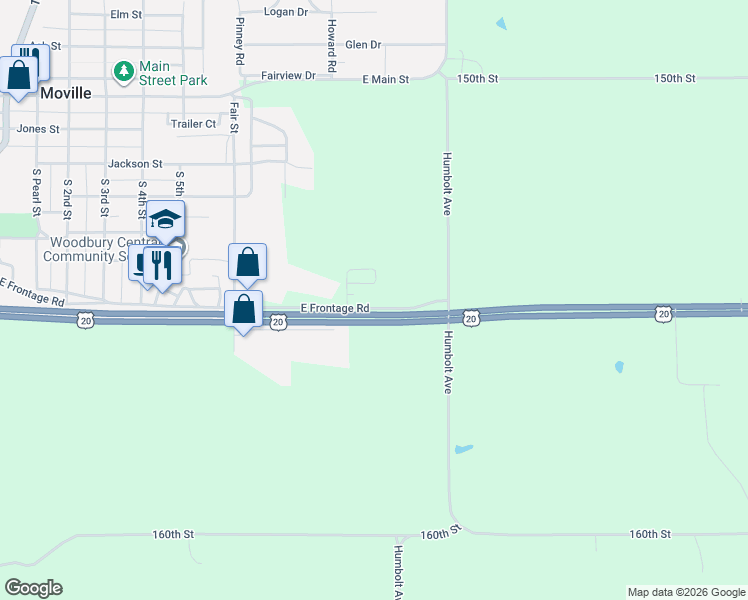 map of restaurants, bars, coffee shops, grocery stores, and more near 827 East Frontage Road in Moville