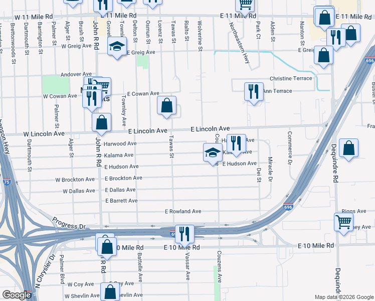 map of restaurants, bars, coffee shops, grocery stores, and more near 867 Kalama Avenue in Madison Heights