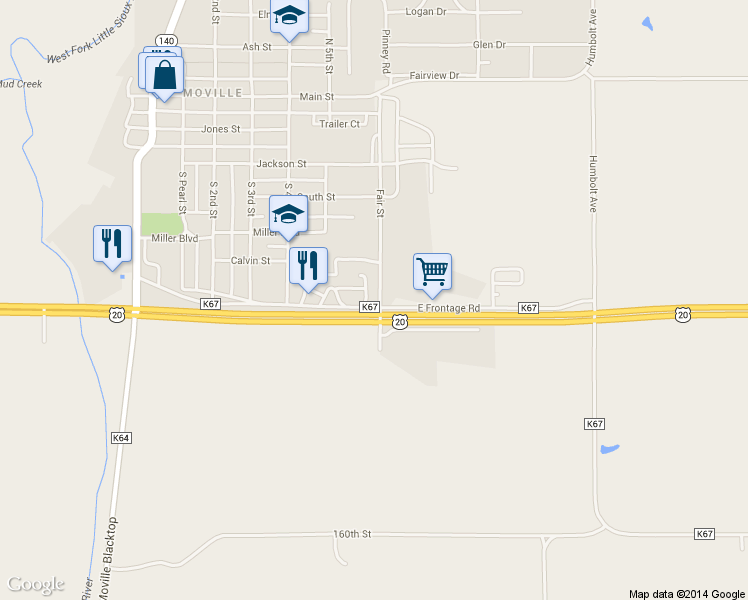map of restaurants, bars, coffee shops, grocery stores, and more near 509 East Frontage Road in Moville