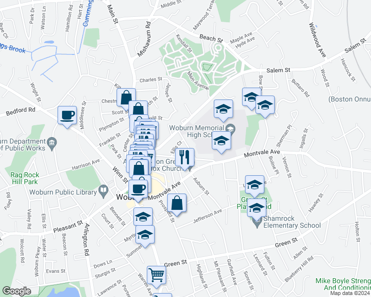 map of restaurants, bars, coffee shops, grocery stores, and more near 21 Wade Avenue in Woburn