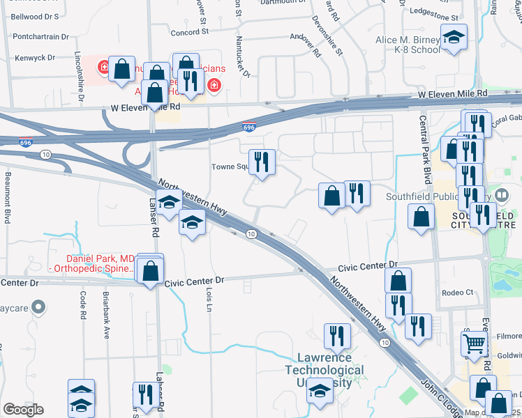 map of restaurants, bars, coffee shops, grocery stores, and more near 2 Towne Square in Southfield