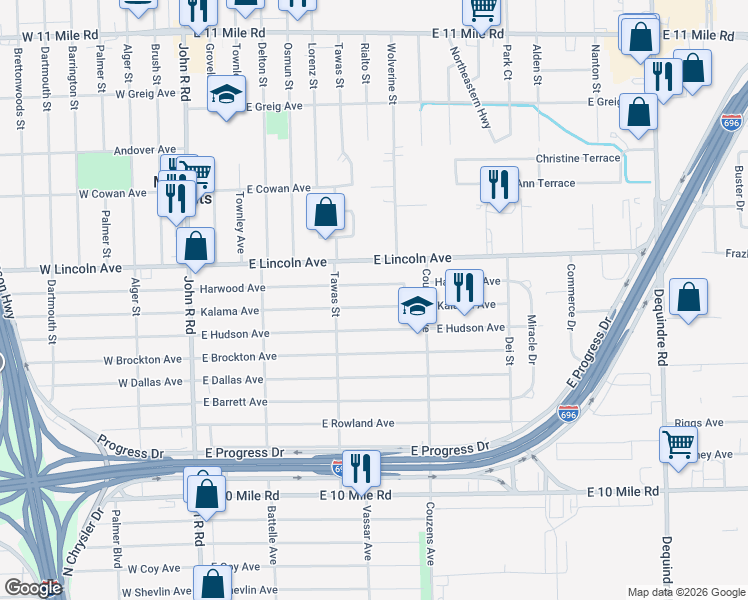 map of restaurants, bars, coffee shops, grocery stores, and more near 881 Harwood Avenue in Madison Heights