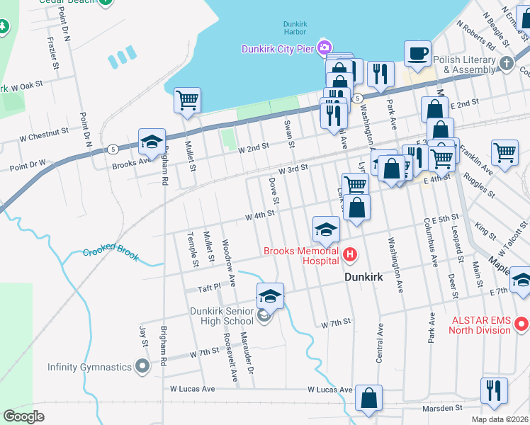 map of restaurants, bars, coffee shops, grocery stores, and more near 399 Plover Street in Dunkirk