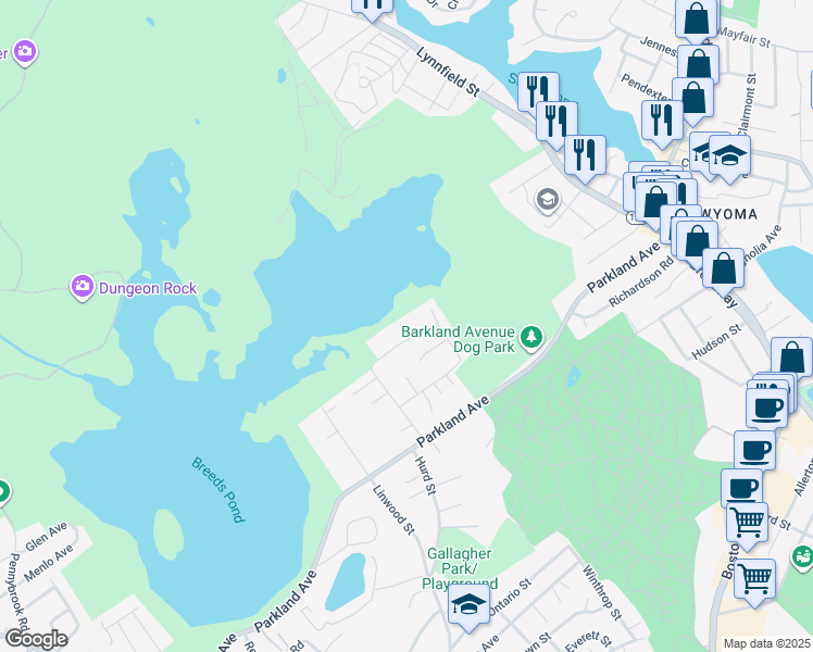 map of restaurants, bars, coffee shops, grocery stores, and more near 42 Thistle Street in Lynn