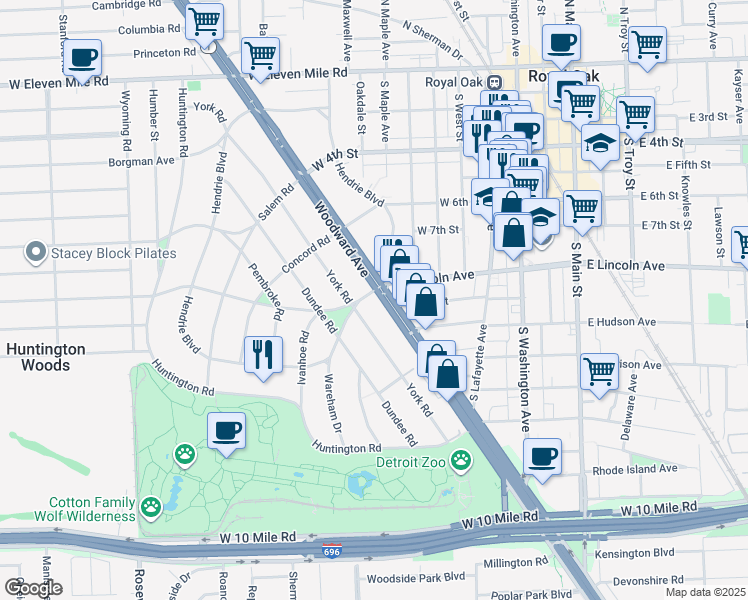 map of restaurants, bars, coffee shops, grocery stores, and more near 25987 Woodward Avenue in Royal Oak