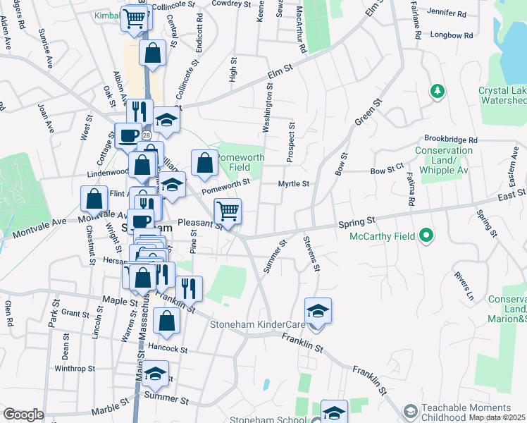 map of restaurants, bars, coffee shops, grocery stores, and more near 8 Avon Street in Stoneham