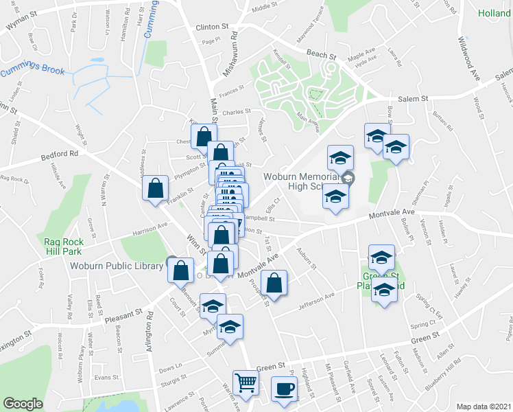 map of restaurants, bars, coffee shops, grocery stores, and more near 26 Salem Street in Woburn