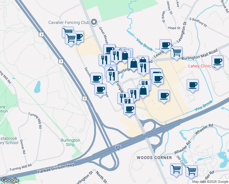 map of restaurants, bars, coffee shops, grocery stores, and more near 50 South Avenue in Burlington