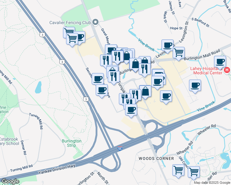 map of restaurants, bars, coffee shops, grocery stores, and more near 50 South Avenue in Burlington