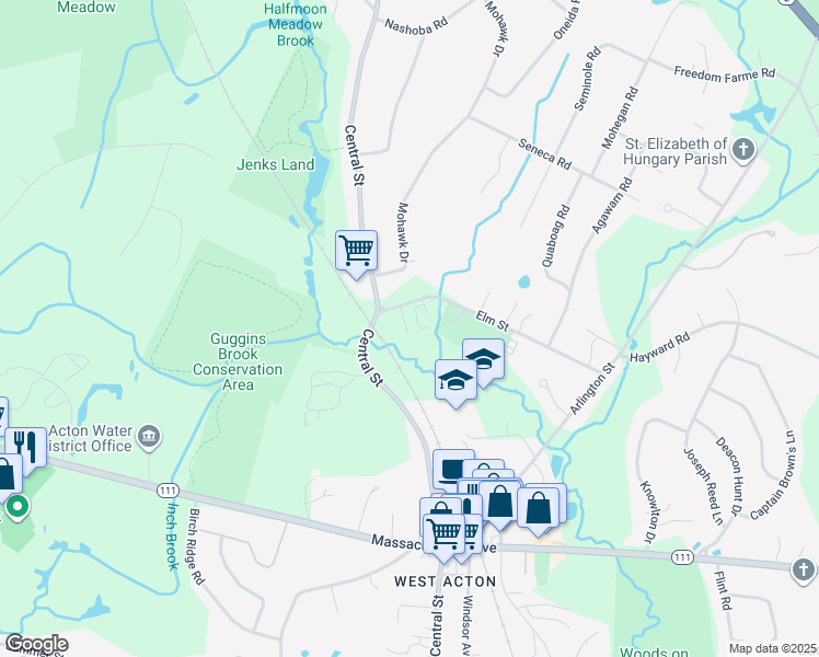 map of restaurants, bars, coffee shops, grocery stores, and more near 4 Elm Street in Acton