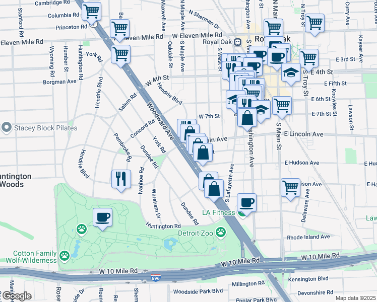 map of restaurants, bars, coffee shops, grocery stores, and more near in Royal Oak