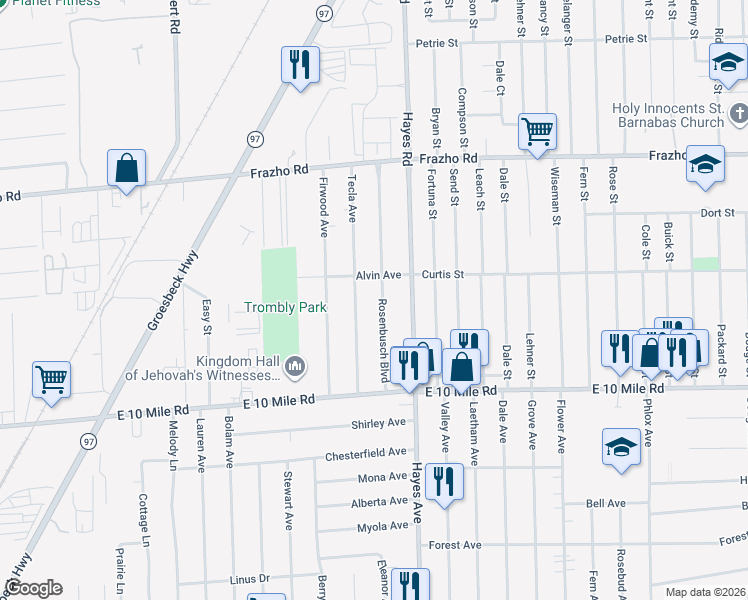 map of restaurants, bars, coffee shops, grocery stores, and more near 25290 Tecla Avenue in Warren