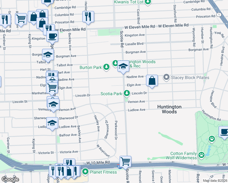 map of restaurants, bars, coffee shops, grocery stores, and more near 12769 Elgin Avenue in Huntington Woods