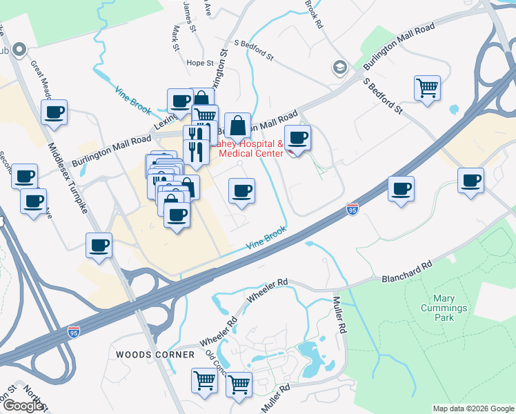 map of restaurants, bars, coffee shops, grocery stores, and more near 800 District Avenue in Burlington
